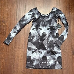 Civil Regime Black and Gray Wolf Bodycon Dress, Size Large, NWT